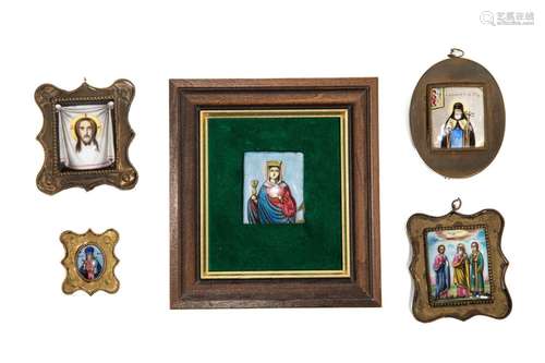 FIVE SMALL FRAMED ENAMEL ICONS