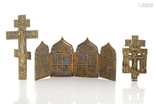 TWO RUSSIAN ORTHODOX CROSSES AND POLYPTYCH