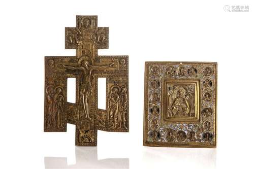 TWO ANTIQUE RUSSIAN ORTHODOX CAST BRONZE ICONS