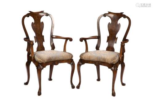 PAIR OF GEORGE II STYLE BURLED WALNUT ARMCHAIRS