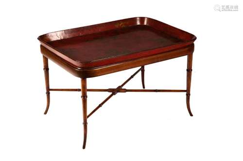 19th C ENGLISH RED PAPIER MACHE TRAY ON STAND