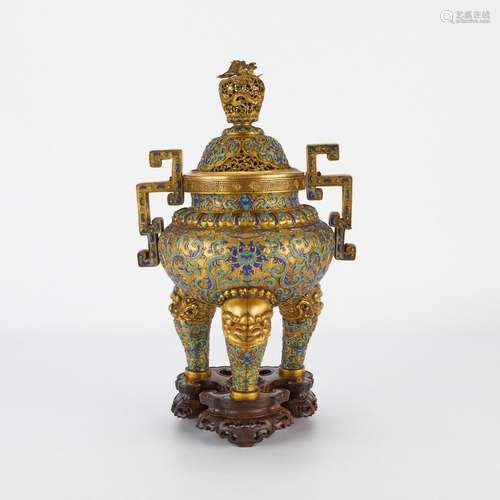 Chinese Enameled and Gilt Tripod Censer w/ Stand