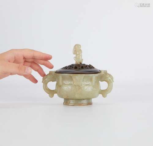 Antique Chinese Jade Censer w/ Bronze Lid