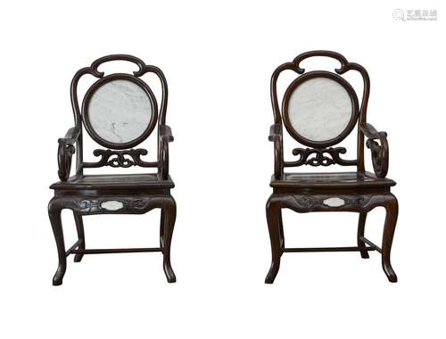 Pr: Chinese Hardwood Chairs w/ Marble Inset