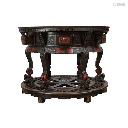 Chinese Round Carved Wood Table w/ Drawers 19th c.