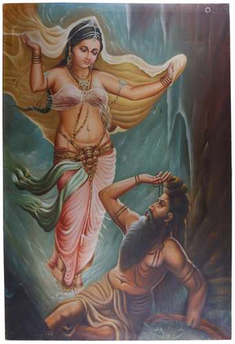 Large Hindu Oil on Canvas Vishwamitra Menaka