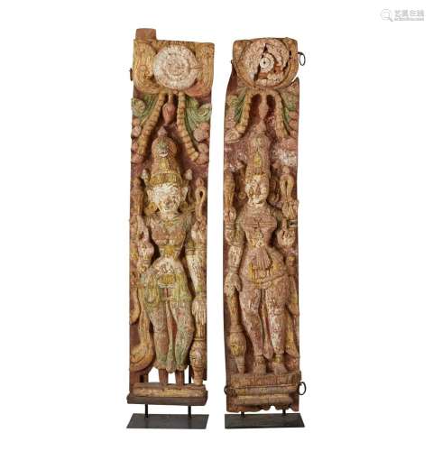 Pair of Indian Polychrome Carved Temple Panels