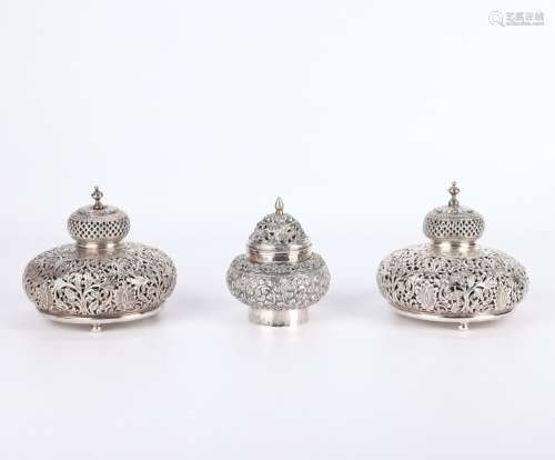 Group of 3 Silver Indian Lidded Jars Potpourri