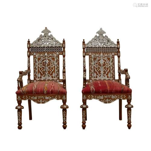 Pair of Syrian Mother of Pearl Inlaid Armchairs