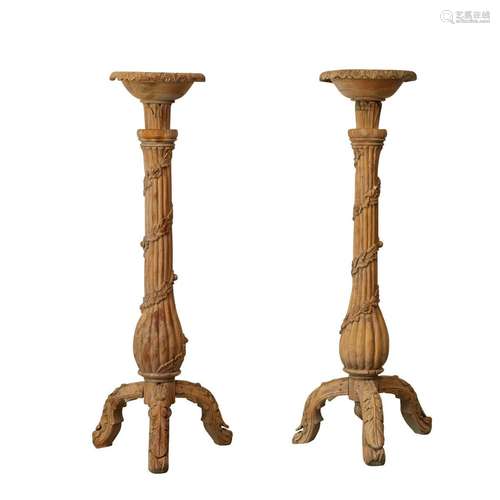 Pr: Carved Wooden Plinths or Candle Sticks