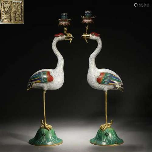 Pair Chinese Cloisonne Enamel Double Cranes