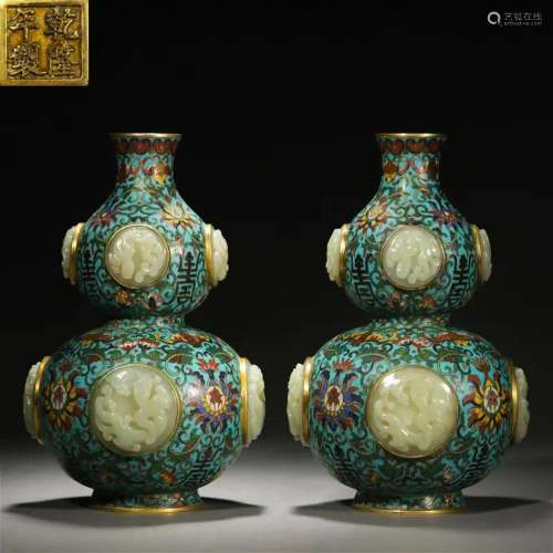 Pair Chinese Jade Inlaid Cloisonne Enamel Vases