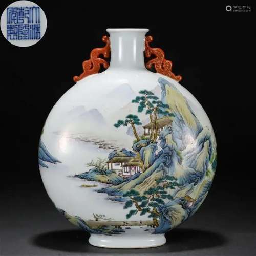 A Chinese Famille Rose Landscape Moon Flask