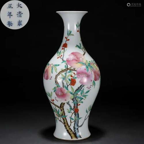 A Chinese Famille Rose Peaches Olive Shaped Vase