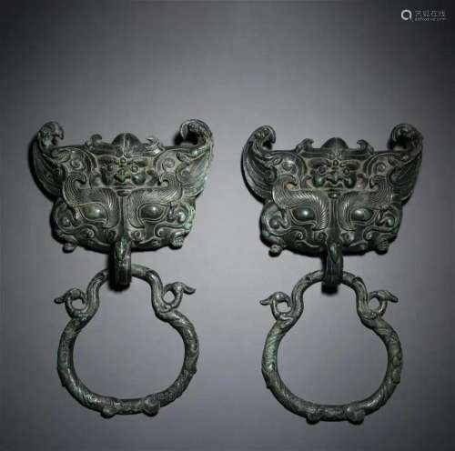 Pair Chinese Copper Alloy Beast Handles