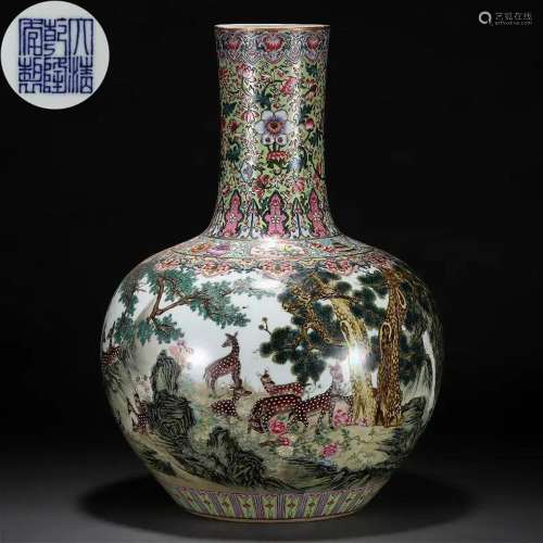 A Chinese Famille Rose Deers Globular Vase