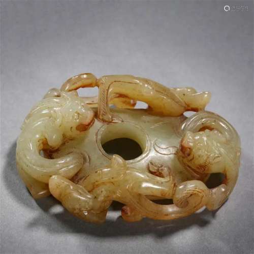 A Chinese Carved Jade Double Dragons Decoration
