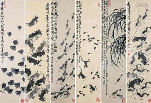 Six Pages of Chinese Scroll Painting By Qi Baishi