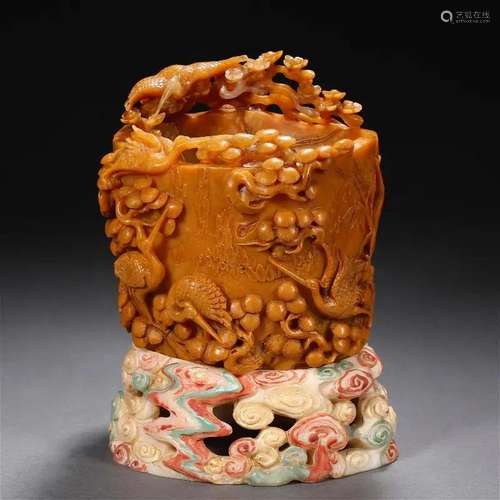 A Chinese Carved Tianhuang Cranes Brushpot