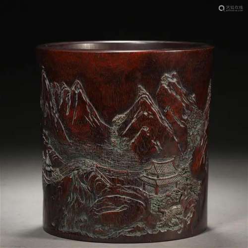 A Chinese Incised Rosewood Landscape Brushpot