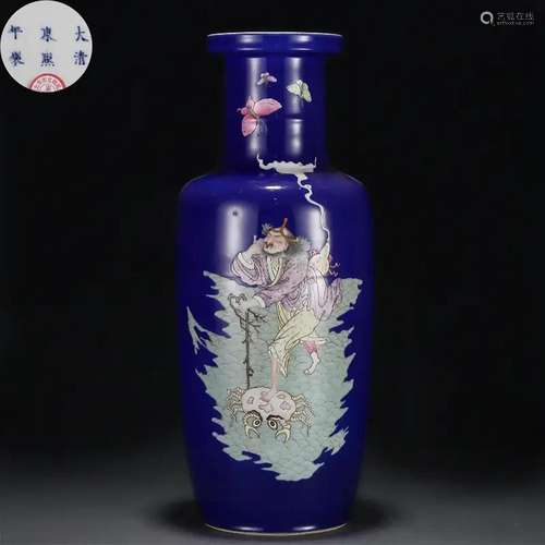 A Chinese Blue Ground and Famille Rose Mallet Vase