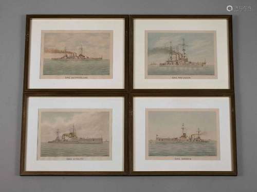 Vier Aquarelle Kriegsschiffe