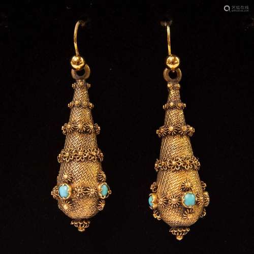 A pair of Victorian gold turquoise set, engine turned and fl...