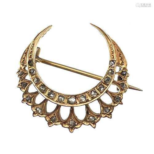 A Victorian rose gold diamond set crescent brooch.