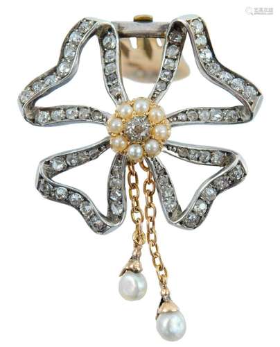 A Belle Epoque diamond and seed pearl ribbon bow brooch,