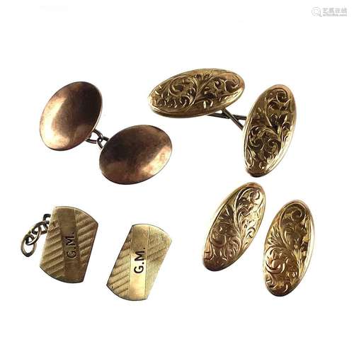 A collection of 9ct gold cufflinks.