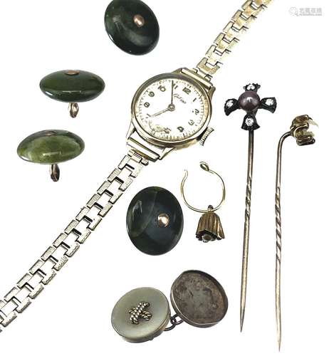 Greenstone buttons, stick pins, gold cased wristwatch and sc...