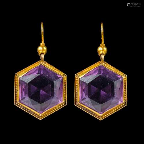 A pair of Victorian yellow metal mounted hexagonal cut ameth...