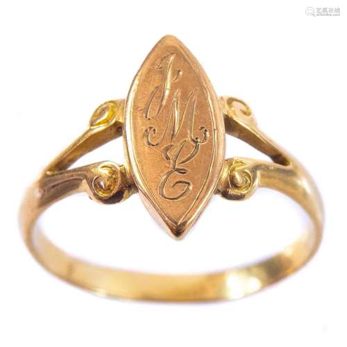 An 18ct gold ring with navette head.