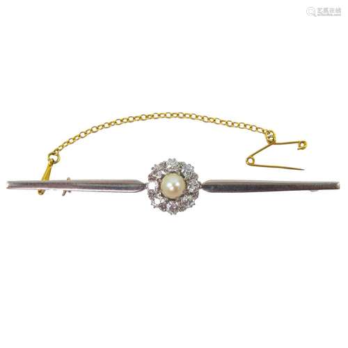 A gold and platinum diamond and pearl cluster set bar brooch...