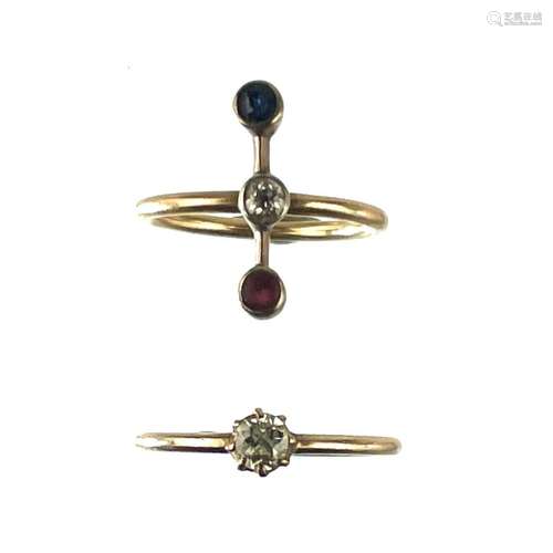 A Victorian gold child`s diamond solitaire ring and another.