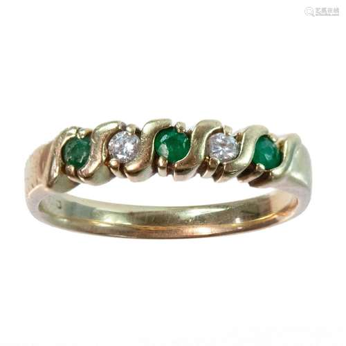 A modern 9ct hallmarked gold emerald and diamond five stone ...