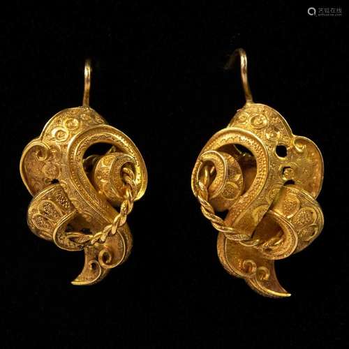 A pair of Victorian high purity gold scroll shaped openwork ...