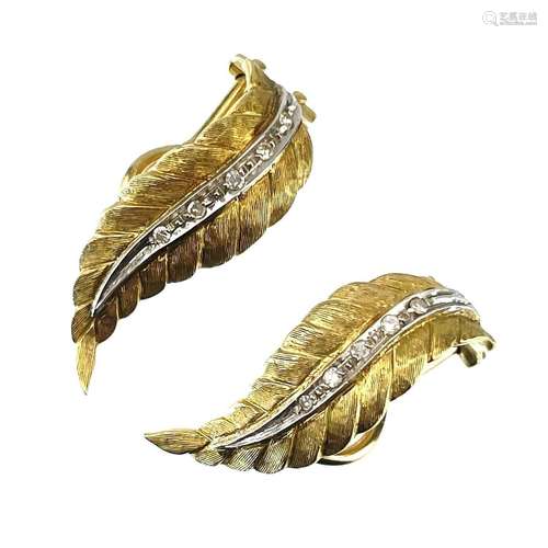 A pair of 18ct bi-colour gold diamond set leaf design clip e...