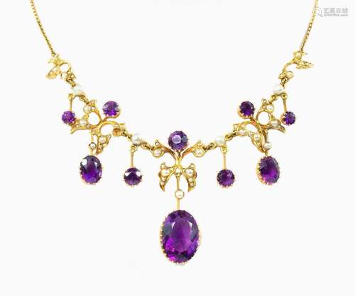 An attractive Edwardian 15ct rose gold amethyst and pearl ne...