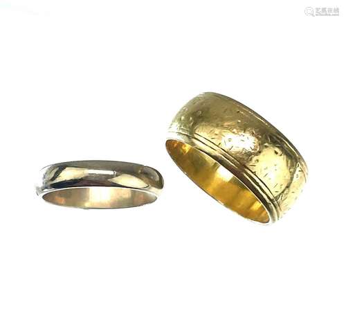 A 22ct gold wide chased band 7.5gm size J/K and a small 9ct ...