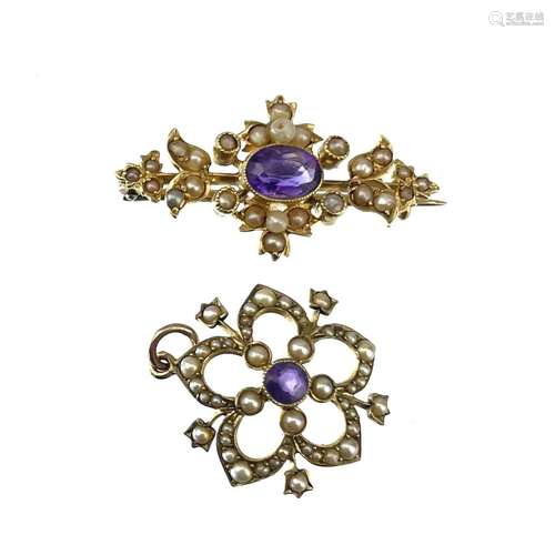 A Victorian 15ct gold amethyst and seed pearl set brooch.