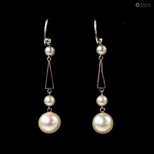 A pair of early 20th century 9ct white gold and pearl drop e...