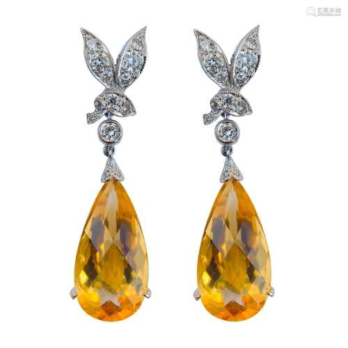 A pair of 18ct white gold, citrine and diamond drop earrings...