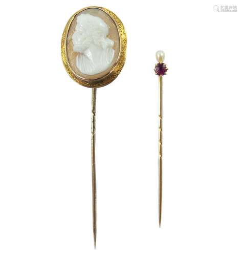 Two Victorian gold stick pins, one with a cameo, the other s...