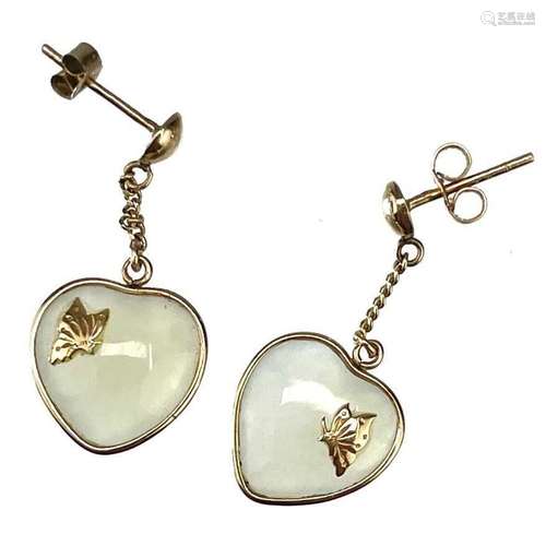 A pair of gold mounted heart shaped celadon jade drop stud e...