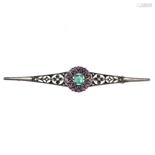 An Edwardian gold and silver set diamond, emerald and ruby b...