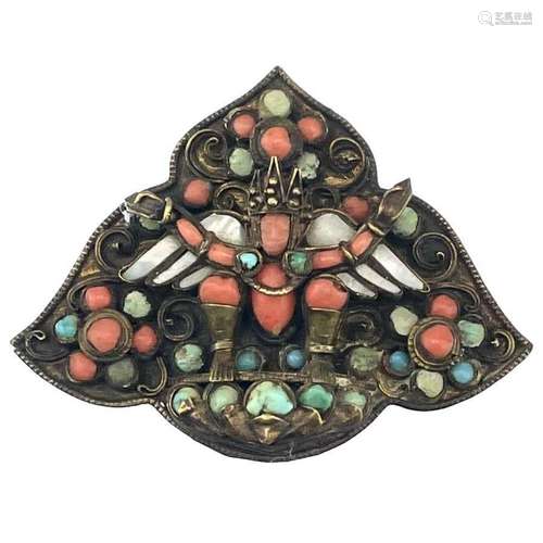 A Tibetan gilt metal coral, mother of pearl and turquoise se...