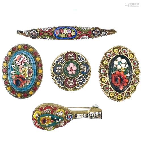 Five micro-mosaic gold plated brooches,