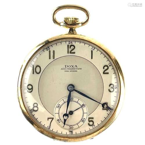 Doxa 18ct gold open face crown wind dress pocket watch.