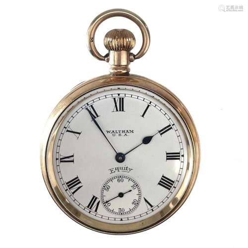 A Waltham `Equity` gold plated crown wind pocket watch.